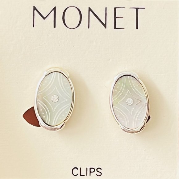 Vintage MONET Natural Rainbow Mother of Pearl Shell Clip Earrings w/Rhinestone - Picture 12 of 12